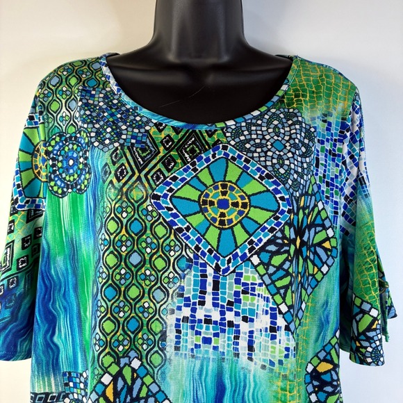 Susan Graver Women Large Green Blue Mosaic Geometric Tunic Top Split Sleeve Ring - Picture 12 of 16